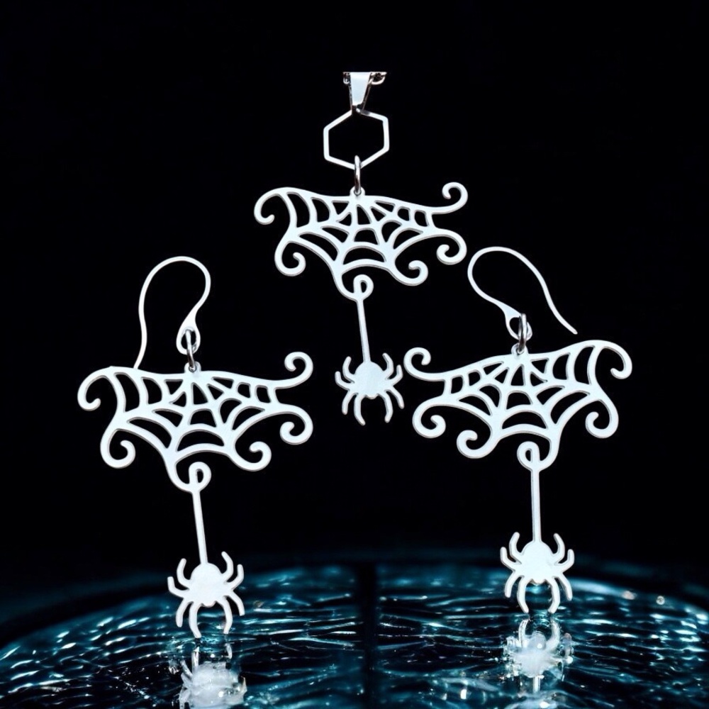 🆕 Spider on a Web Laser Etched Necklace and Earrings Set Stainless Steel